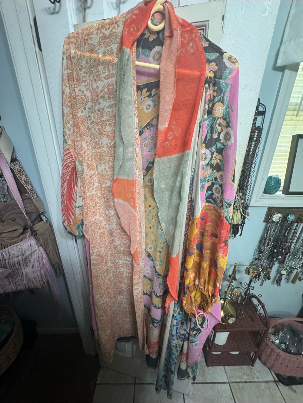 Free People Multicolor Boho Patchwork Lenora kimono/duster Coral/ Gold Accents